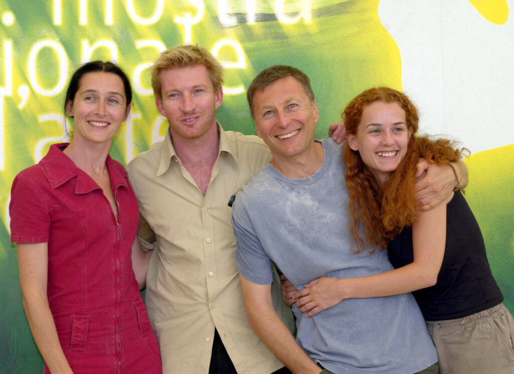 From left, actress Anne Brocet, actor David Wenham, Macedonian film director Milcho Manchevski and actress Nimolina Kujaca pose at the presentation of the film "Dust" prior to the opening of the Venice Film Festival, northern Italy, Wednesday, Aug. 29, 2001. "Dust" will be screened out of competition during the opening ceremony. (AP Photo/Francesco Proietti)